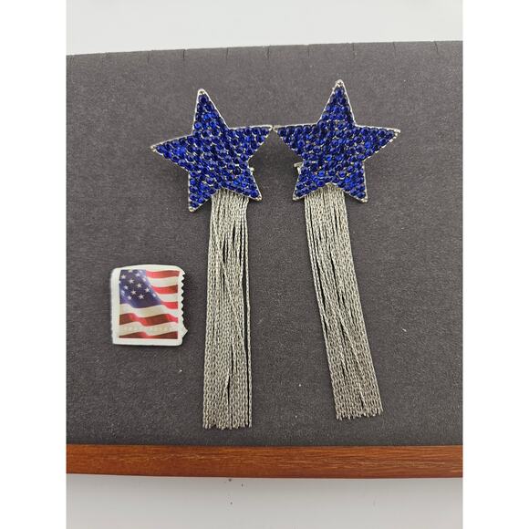 Blue Rhinestone Shooting Star Tassel Fringe Post Earrings Dallas Cowboys Style - Picture 3 of 4